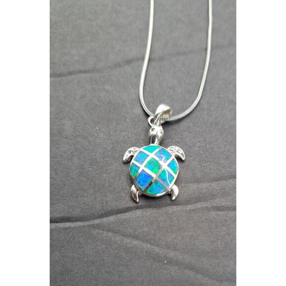 Sea Turtle Pendant Sterling Silver Blue Green Inlay Necklace Chain Is Not Silver - Picture 4 of 10
